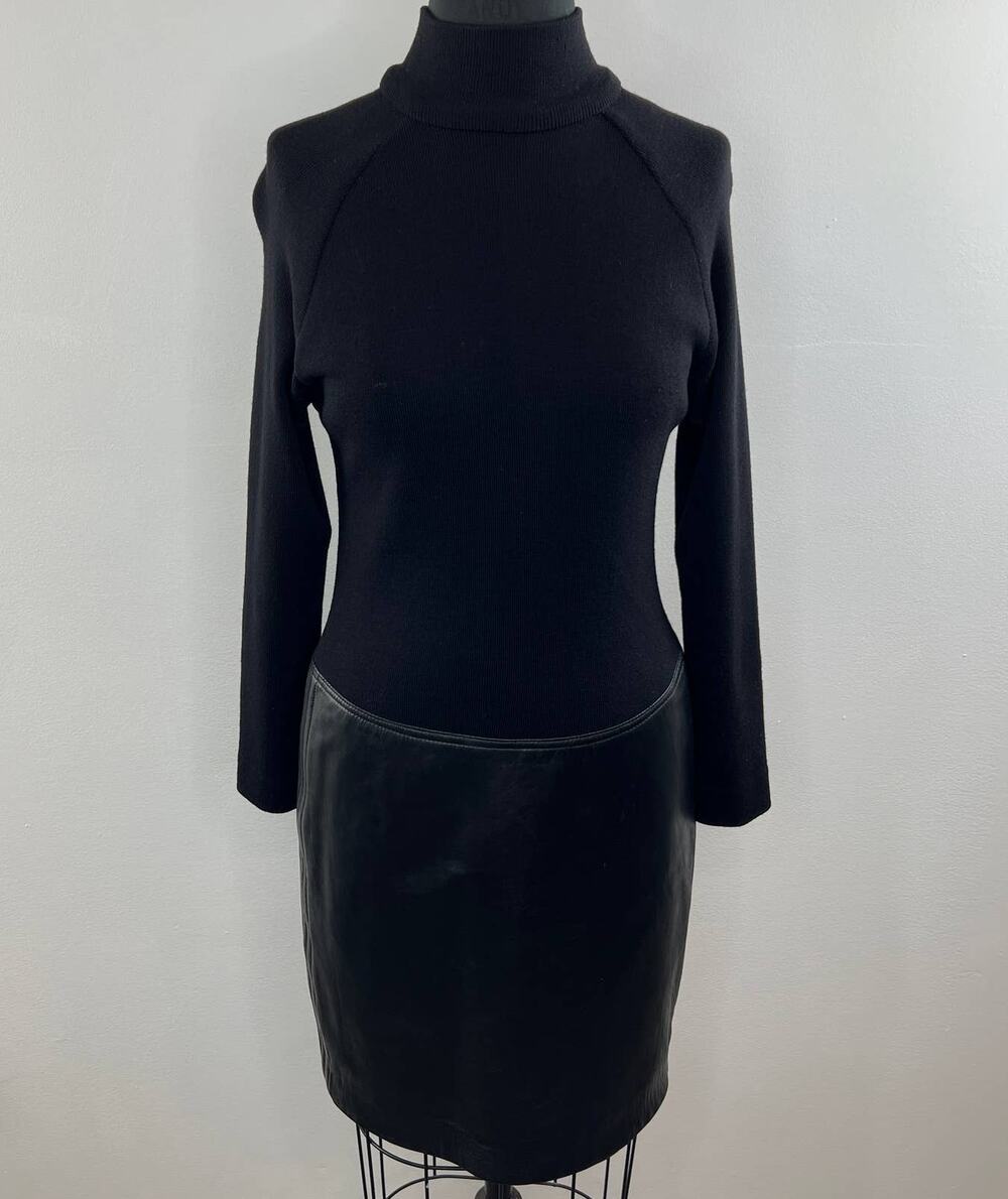 VINTAGE Carmelo Pomodoro Black Long Sleeve High Neck Wool Leather Sheath Dress M